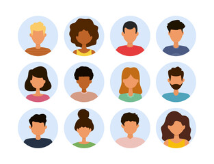 People avatar icon set. Collection portraits of multiracial man and woman. Cartoon vector illustration.