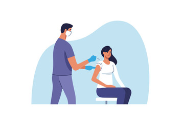 Coronavirus vaccination. Woman getting vaccinated against Covid-19 in hospital. Doctor giving Corona virus vaccine injection injecting patient. Vector illustration.