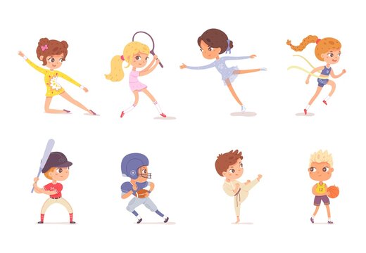 Boys and girls playing sports set. Happy kids exercising vector illustration. Children do gymnastics, figure skating, athletics, play tennis, karate, baseball, rugby, basketball on white background
