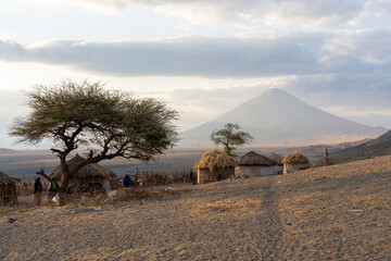 Maasai village in front of ldoinyo lengai volcano 