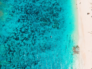 Tropical beach with turquoise transparent ocean, aerial view. Gili island