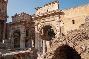 Gate of Mazeus and Mithridates of ancient city of Ephesus, Izmir, Turkey. Elegant details of ancient marble buildings.