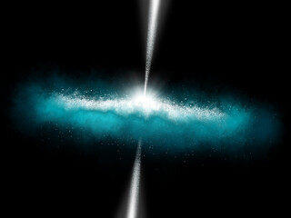 Quasar. Galaxy with jets. Black hole in center of galaxy. Interstellar background. Space illustration.