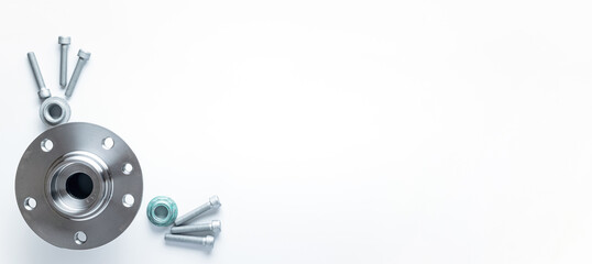 Car service tools. Set of new metal car part. Auto motor mechanic spare or automotive piece isolated on white banner background. Technology of mechanical gear with space for text.