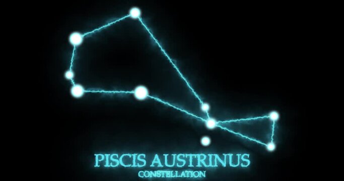 Piscis Austrinus constellation. Light rays, laser light shining blue color. Stars in the night sky. Cluster of stars and galaxies. Horizontal composition, 4k video quality