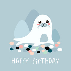 Cute cartoon seal with lettering. Happy Birthday! Childish print for nursery, kids apparel, poster, postcard. Vector Illustration stock illustration.