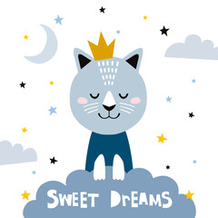Obraz na płótnie Canvas Sweet dreams quote with doodles. Cute cartoon cat vector design stock illustration. Blue, Feline, Abstract, Animal, Animal Hair