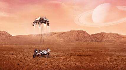 Landing of  Mars Rover on surface of red planet. Elements of this image furnished by NASA. © Paopano