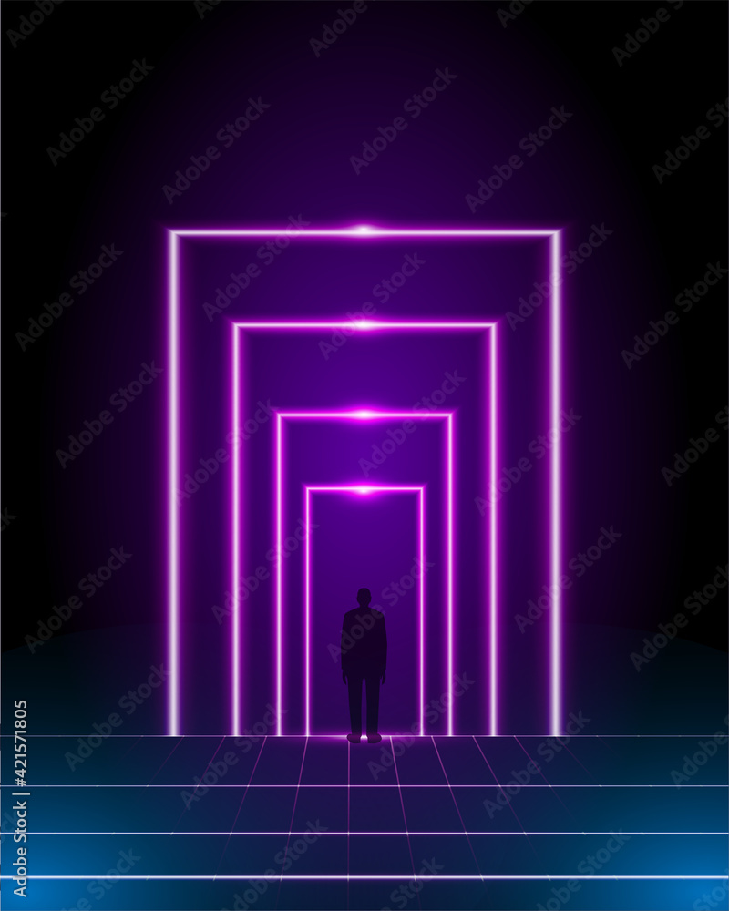 Poster a portal in virtual reality. vector abstract background in cyberpunk style. vertical banner template