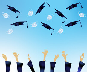 Illustration of hands of a group of students throwing their caps and masks in the air. Graduation concept with social distancing in pandemic.