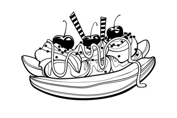 Banana split traditional American dessert. Doodle vector illustration on white background.