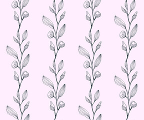 Twigs and flowers seamless pattern ornament. Vector pattern. Vector ornamental hand drawing decorative background.