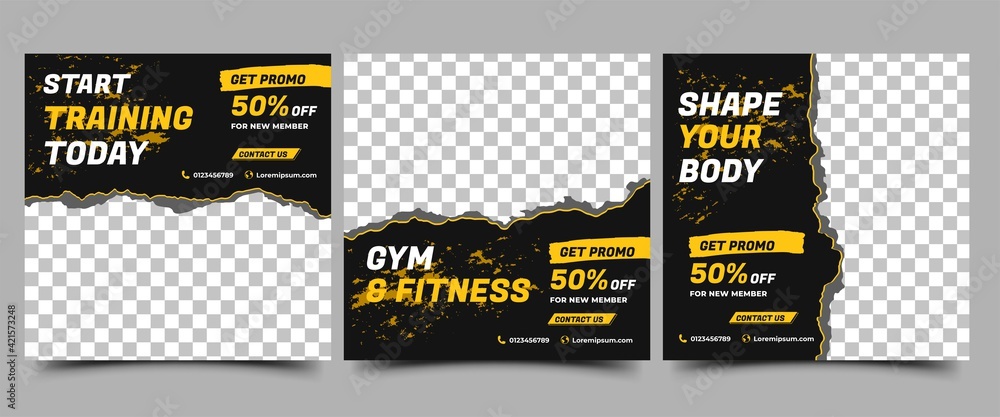 Wall mural social media post template design set for gym and fitness. black background with abstract yellow sha