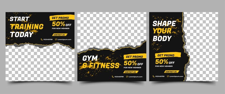 Social media post template design set for gym and fitness. Black background with abstract yellow shape. Vector design with place for photo. Suitable for social media, flyers, banner, and web internet.