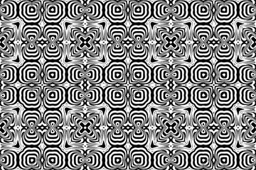 Geometric abstract black white background. Artistic ethnic motif in oriental Indian style with elements of doodling, intertwining lines. Template for presentations, coloring books, stained glass.