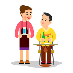 Man sits at table and eat sausage drinking a beverage. Visitor orders lunch or dinner. Waiter girl in uniform brought a glass of water. Color illustration for restaurant or cafe in flat style