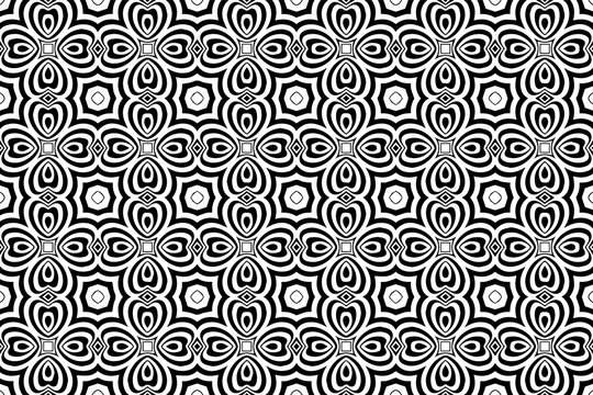 Geometric floral black white background with doodling elements. Stylish ethnic motive in the oriental style of the peoples of India. Pattern for wallpaper, textile, coloring book, stained glass.