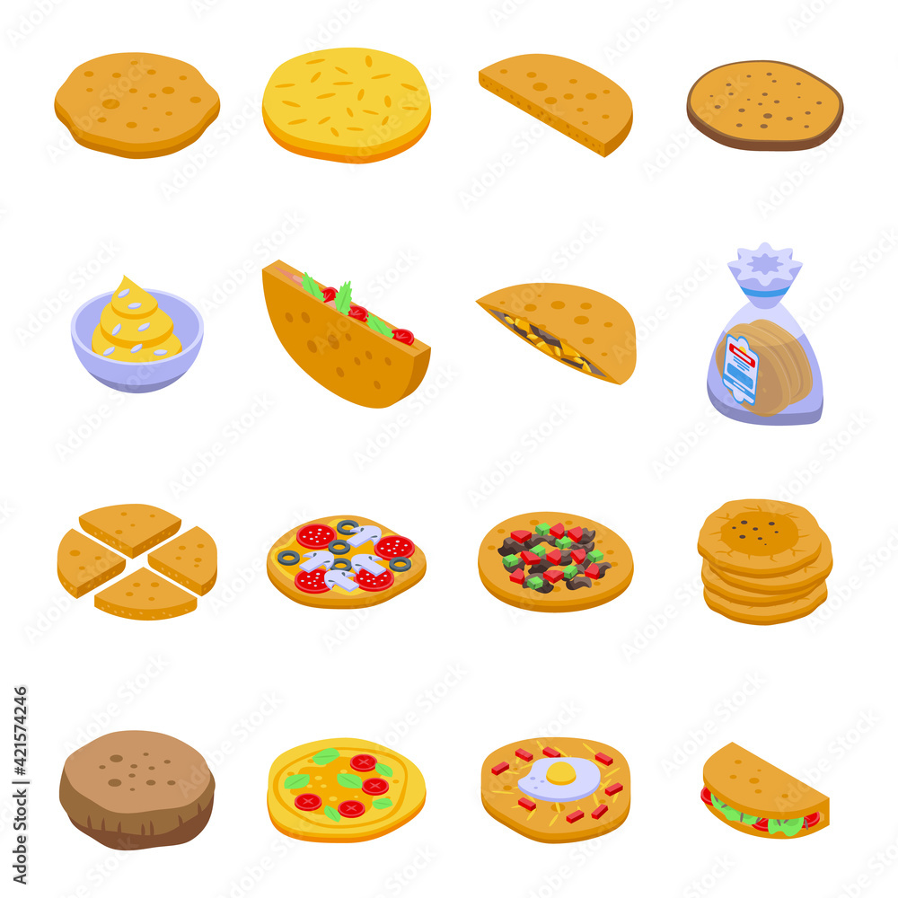 Poster pita bread icons set. isometric set of pita bread vector icons for web design isolated on white back