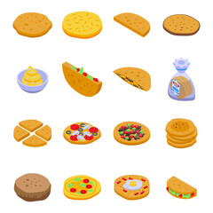 Pita bread icons set. Isometric set of pita bread vector icons for web design isolated on white background
