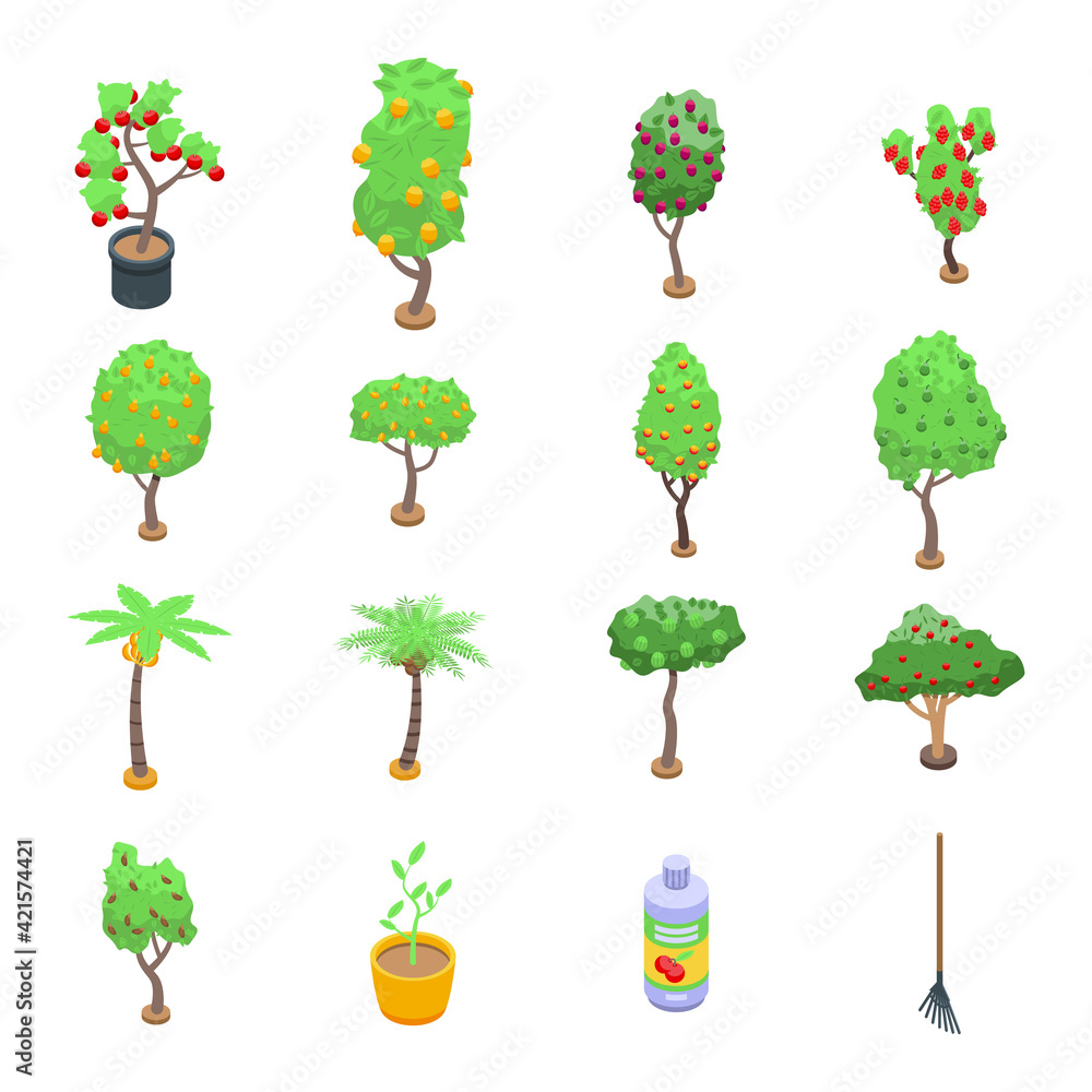 Poster fruit tree icons set. isometric set of fruit tree vector icons for web design isolated on white back