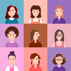 Set of cute flat women avatars with different hairstyles