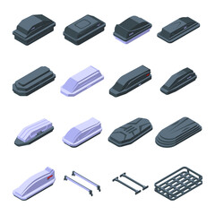 Car roof box icons set. Isometric set of car roof box vector icons for web design isolated on white background