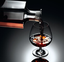  Brandy is poured from a decanter into a glass.