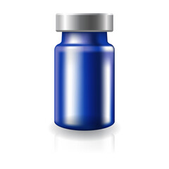 Blank transparent blue glass medical vaccine vial with silver metal cap mockup template.