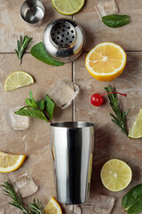 Shaker with ingredients for making cocktails.