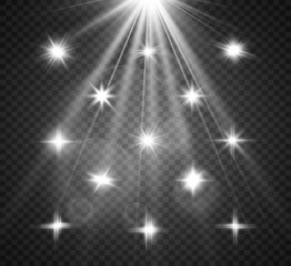 Set of bright beautiful stars. Light effect. Bright Star. Beautiful light to illustrate. Christmas star. White glitter sparkles with special light effect. Vector sparkles on a transparent background.