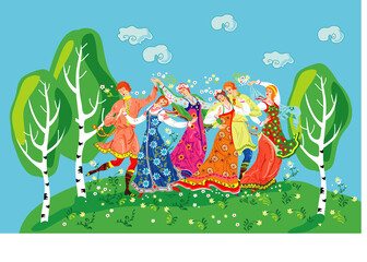 Vector image of dancing men and women in traditional Russian clothes. Russian folk art.
