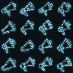 Megaphone icon set. Outline set of megaphone vector icons neon color on black