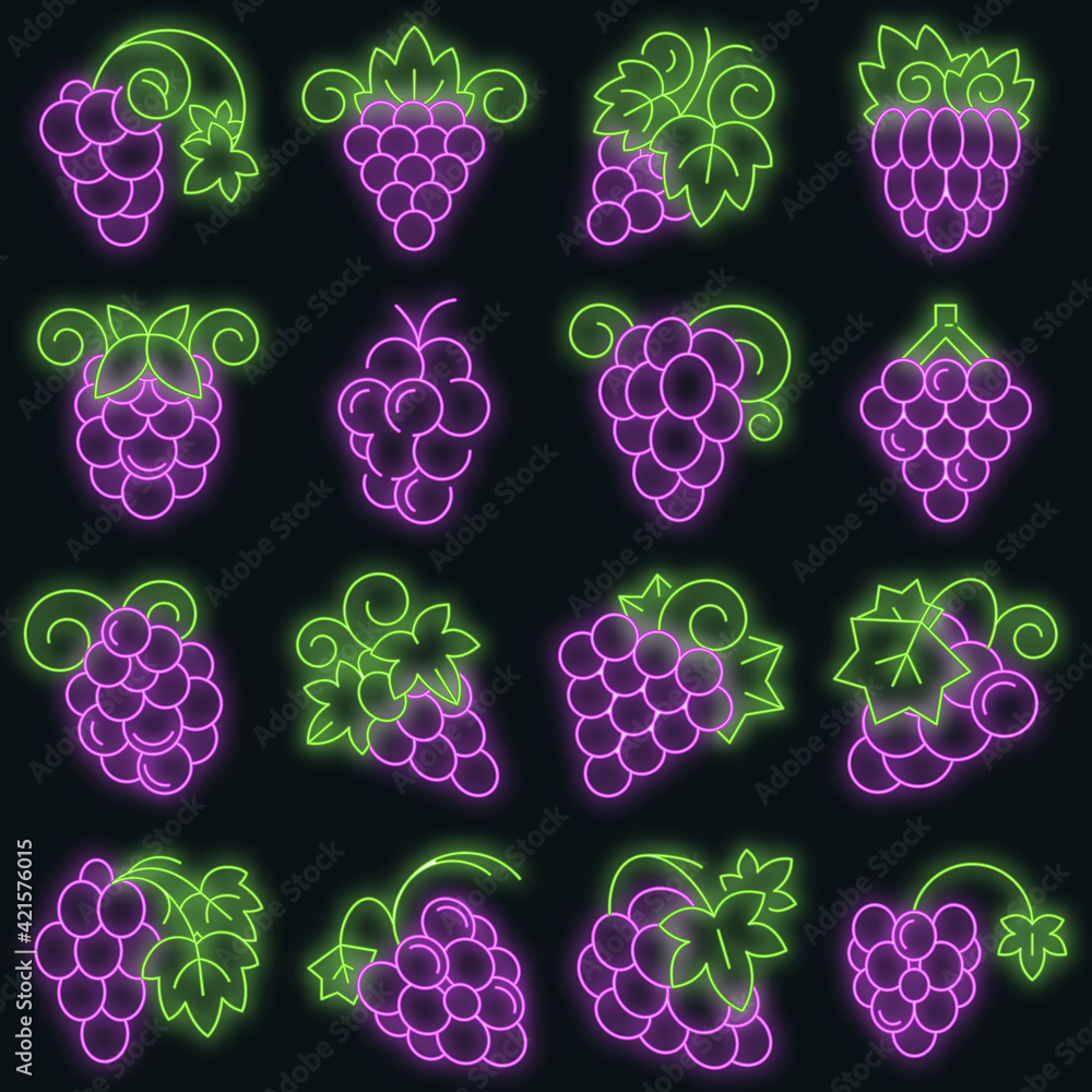 Poster grape fruit icon set. outline set of grape fruit vector icons neon color on black