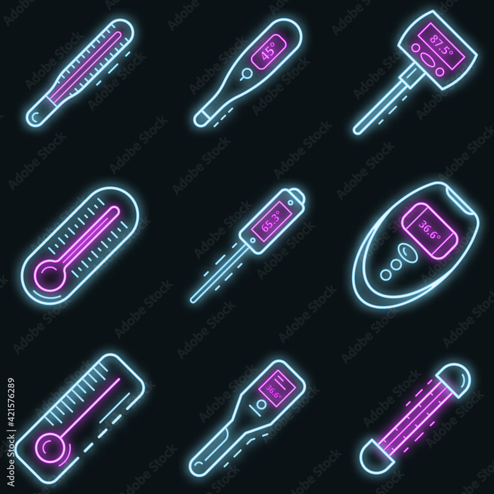 Poster thermometer icon set. outline set of thermometer vector icons neon color on black