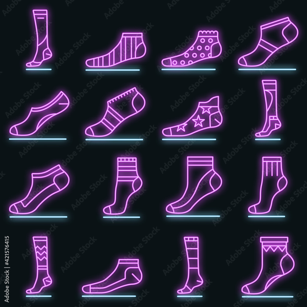 Poster sock icon set. outline set of sock vector icons neon color on black