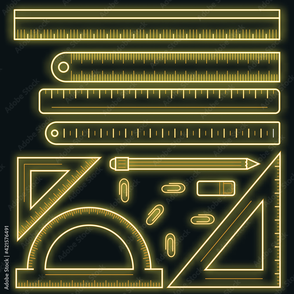 Poster ruler tape icon set. outline set of ruler tape vector icons neon color on black