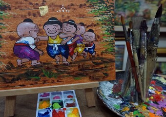   Art ,painting ,oil ,color ,children ,playing ,From Thailand