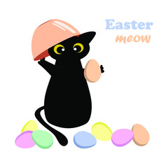 Easter meow. Postcard with a black cute cat and painted eggs for Easter in pastel colors. A cheerful template for printing on decorative pillows, cups, kitchen textiles. Vector graphics.