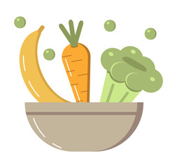 Vegetarian salad bowl icon vector in flat style. Carrot, banana, cauliflower falling down