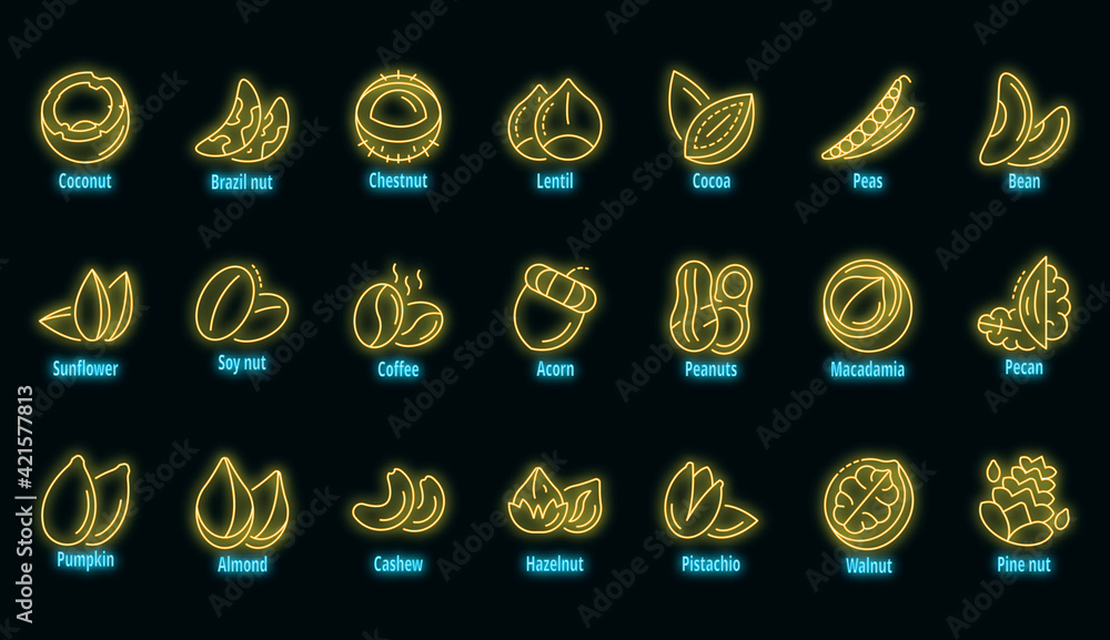 Poster nut icon set. outline set of nut vector icons neon color on black
