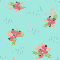 Fototapeta na wymiar Cute flowers scattered with rain texture in vibrant pink, green and blue color palette. Painted floral seamless vector pattern. Great for home décor, fabric, wallpaper, gift-wrap, stationery, etc.