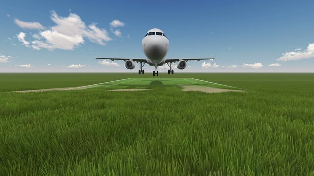 3D illustration - cinemagraph -  green field with airplane in background
