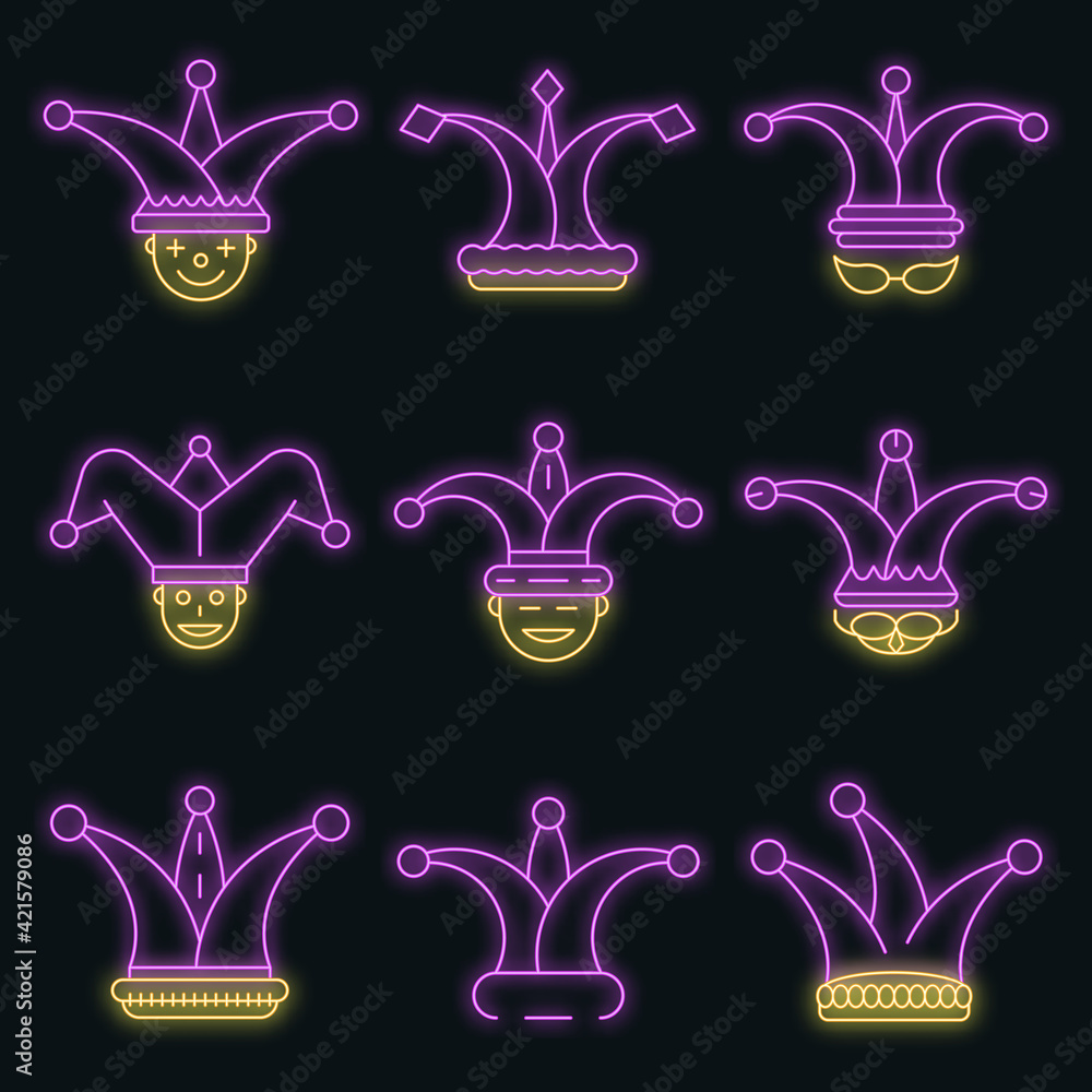 Poster jester icon set. outline set of jester vector icons neon color on black