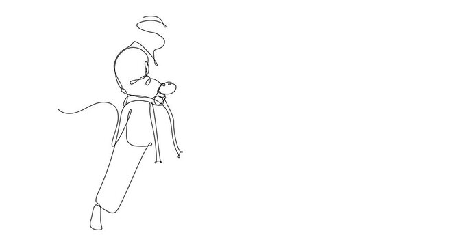 Self drawing animation of continuous line drawing of a couple of athletes in kimono practicing karate. Japanese martial art concept. Black line on white background.