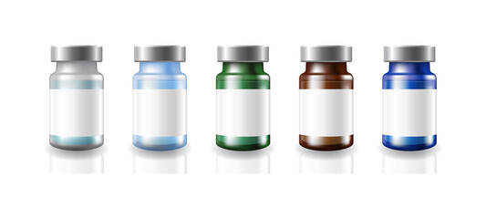 5 colors blank glass medical vaccine vials white labels with silver metal caps mockup template.