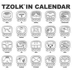 Vector icon set with Glyphs from Maya Tzolkin calendar. Calendar days symbols