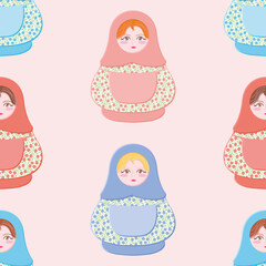 Cute nesting dolls seamless vector pattern. Matryoshka with floral dress illustration background.