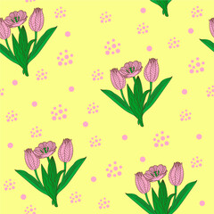 seamless pattern with pink tulips on a yellow background and pink circles. lovely spring background with flowers