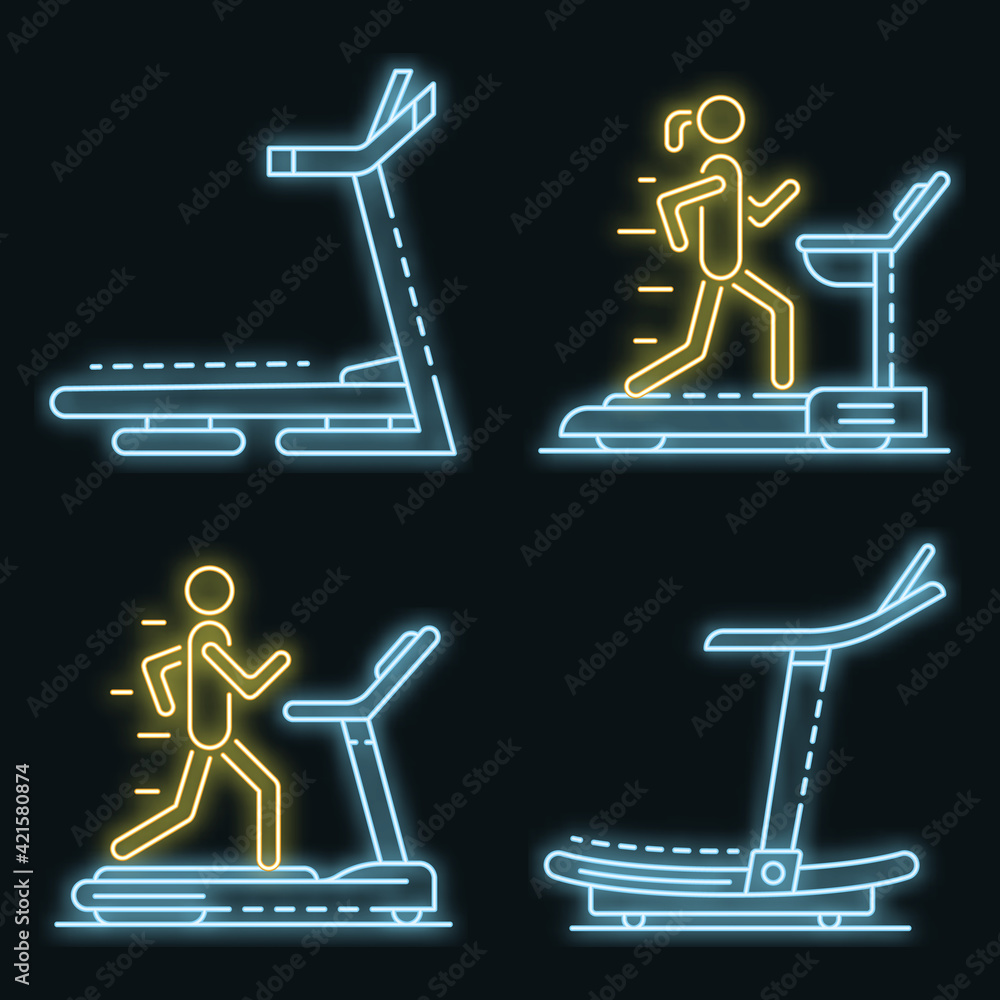 Poster treadmill icon set. outline set of treadmill vector icons neon color on black
