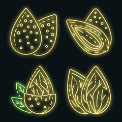 Almond icon set. Outline set of almond vector icons neon color on black